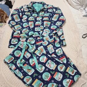 Nick & Nora blue Snow Globe pajama set Women's Large Holiday Flannel